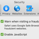 Safari’s security settings on a MacBook Pro.